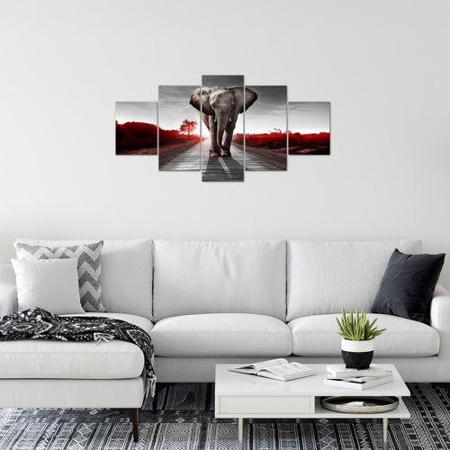 Runa Art Wandbilder Afrika Elefant 5 Teilig Bild auf Vlies Leinwand Deko Wohnzimmer Schlafzimmer Tiere Rot Grau 042652b