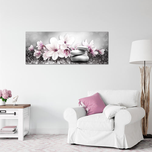 Runa Art Wandbild Blumen Magnolien 1 Teilig 100 x 40 cm Modern Bild auf Vlies Leinwand Abstrakt Wohnzimmer Grau Rosa 035412a