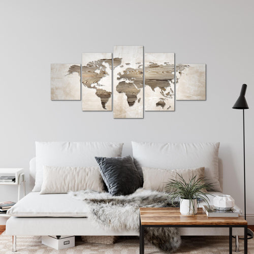 Runa Art Wandbilder Weltkarte 5 Teilig Bild auf Vlies Leinwand Deko Büro Wohnzimmer Abstrakt Beige Braun 035052a