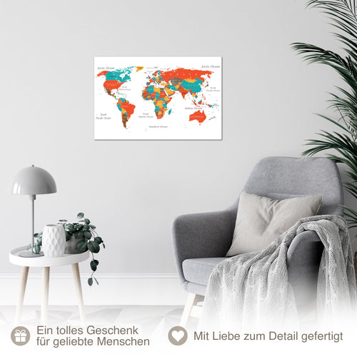 Runa Art Bild Weltkarte Modern Wandbilder Wohnzimmer Schlafzimmer Büro 1 Teilig - Made In Germany - Türkis Orange Weltkarte Flur 057215a