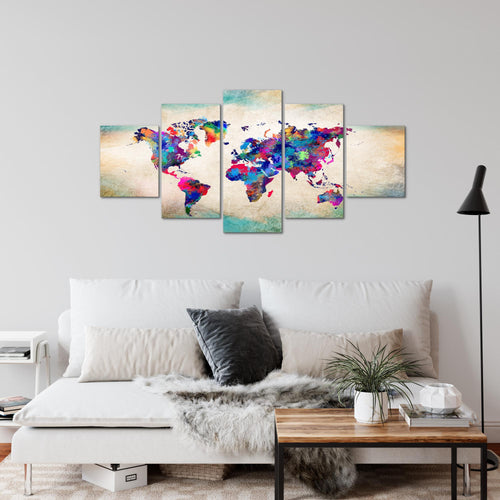 Runa Art Wandbilder Weltkarte 5 Teilig Bild auf Vlies Leinwand Deko Büro Wohnzimmer Vintage Kontinente Bunt 013352a