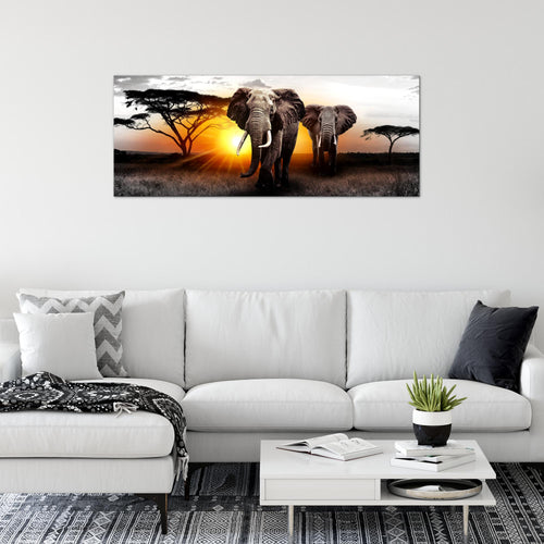 Runa Art Wandbild Afrika 100 x 40 cm Modern Bild auf Vlies Leinwand Orange Wohnzimmer Schlafzimmer Büro Elefanten 007612a