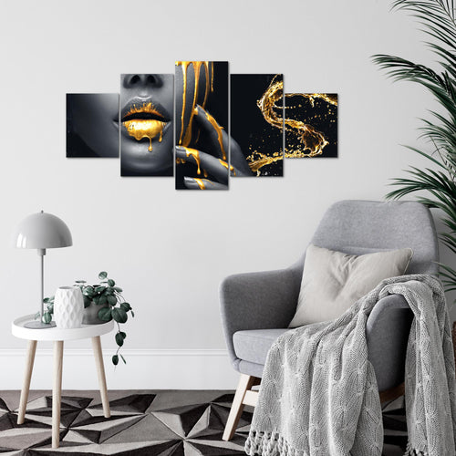 Runa Art Wandbilder Lippen Gold Schwarz 5 Teilig Bild auf Vlies Leinwand Deko Wohnzimmer Schlafzimmer Kosmetik Fashion Frau 041552a
