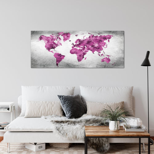 Runa Art Wandbild Weltkarte 1 Teilig 100 x 40 cm Modern Bild auf Vlies Leinwand Vintage Büro Wohnzimmer Rosa Grau 013312c