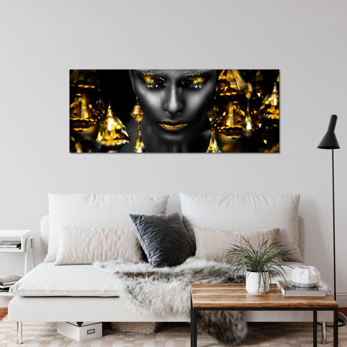 Runa Art Wandbild Frau Gesicht Lippen 100 x 40 cm Modern Bild auf Vlies Leinwand Kosmetik Fashion Wohnzimmer Schlafzimmer Schwarz Gold 042112c