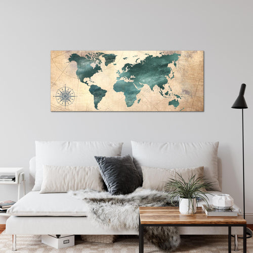 Runa Art Wandbild Weltkarte 1 Teilig 100 x 40 cm Modern Bild auf Vlies Leinwand Antik Büro Wohnzimmer Grün braun 026012a