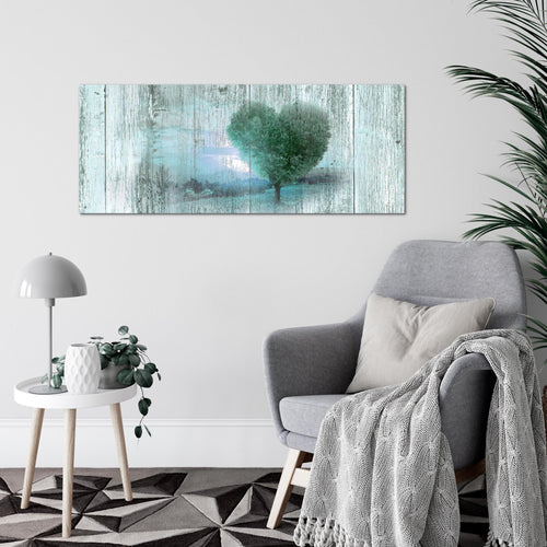 Runa Art Wandbild Herbst Vintage 1 Teilig 100 x 40 cm Modern Bild auf Vlies Leinwand Baum Herz Wohnzimmer Schlafzimmer Türkis 606512b