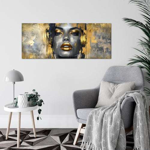 Runa Art Wandbild Abstrakt 100 x 40 cm Modern Bild auf Vlies Leinwand Gold Wohnzimmer Schlafzimmer Büro Gesicht 052812a