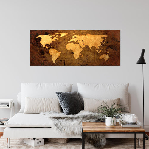 Runa Art Wandbild Weltkarte 1 Teilig 100 x 40 cm Modern Bild auf Vlies Leinwand Vintage Antik Büro Wohnzimmer Gold 101712a
