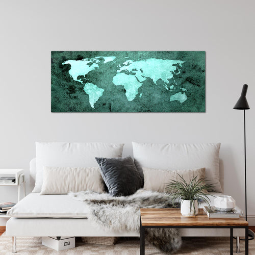 Runa Art Wandbild Weltkarte 1 Teilig 100 x 40 cm Modern Bild auf Vlies Leinwand Vintage Antik Büro Wohnzimmer Türkis 101712b