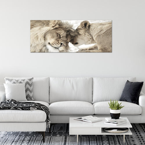 Runa Art Wandbild Löwen Liebe 1 Teilig 100 x 40 cm Modern Bild auf Vlies Leinwand Löwe und Löwin Wohnzimmer Schlafzimmer Beige 002112b