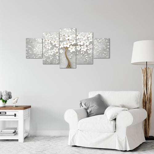 Runa Art Wandbilder Blumen 5 Teilig Bild auf Vlies Leinwand Deko Wohnzimmer Abstrakt Baum Weiss Gold 039752a