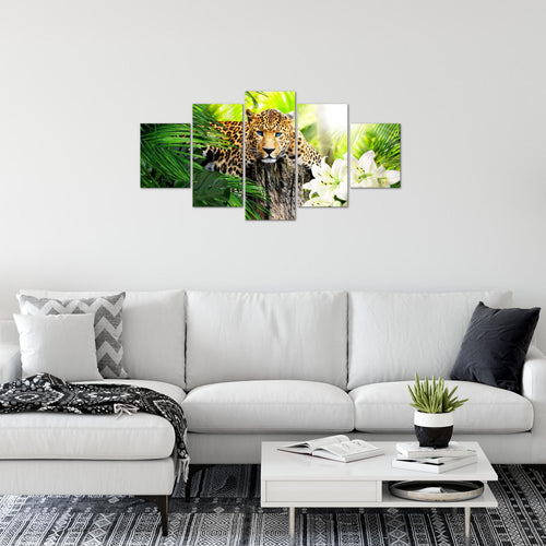 Runa Art Wandbilder Afrika Leopard 5 Teilig Bild auf Vlies Leinwand Deko Wohnzimmer Schlafzimmer Raubkatze Dschungel Grün 006752b