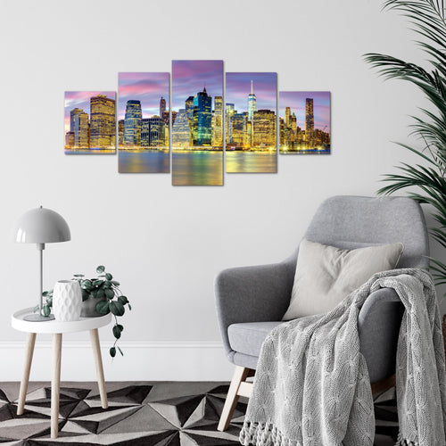 Runa Art Wandbilder New York City 5 Teilig Bild auf Vlies Leinwand Deko Wohnzimmer Büro Amerika NY Lila Bunt 010052c