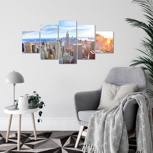 Runa Art Wandbilder New York Skyline 5 Teilig Bild auf Vlies Leinwand Deko Wohnzimmer Büro NY City Blau Beige 010252a