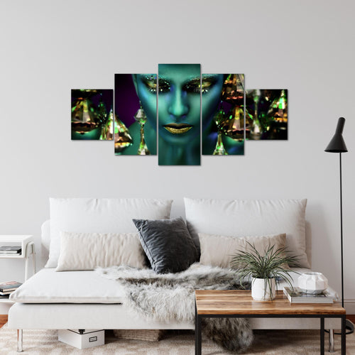Runa Art Wandbilder Frau Gesicht Lippen 5 Teilig Bild auf Vlies Leinwand Deko Wohnzimmer Schlafzimmer Kosmetik Fashion Türkis Gold 042152a