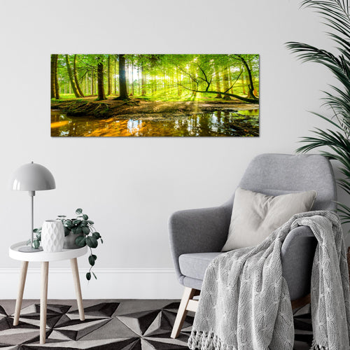 Runa Art Wandbild Landschaft 100 x 40 cm Modern Bild auf Vlies Leinwand Grün Wohnzimmer Schlafzimmer Büro Wald 611712a