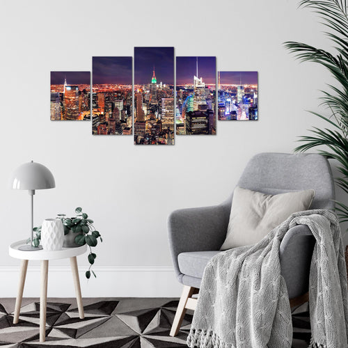 Runa Art Wandbilder New York Skyline 5 Teilig Bild auf Vlies Leinwand Deko Wohnzimmer Büro Städte Violett Lila 036252a