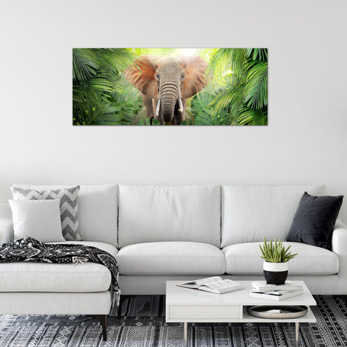 Runa Art Wandbild Elefant Abstrakt 1 Teilig 100 x 40 cm Modern Bild auf Vlies Leinwand Natur Wohnzimmer Schlafzimmer Grün 037512b