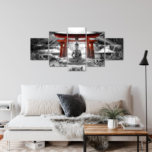 Runa Art Wandbilder Feng Shui Buddha 5 Teilig Bild auf Vlies Leinwand Deko Wohnzimmer Schlafzimmer Zen Rot Grau 036452c