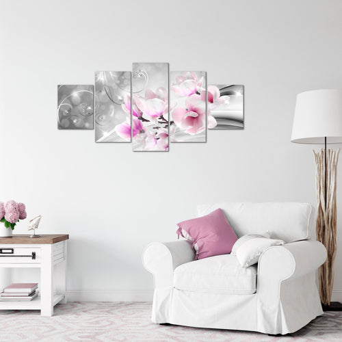 Runa Art Wandbilder Blumen Abstrakt 5 Teilig Bild auf Vlies Leinwand Deko Wohnzimmer 3D Optik Grau Rosa 035352a