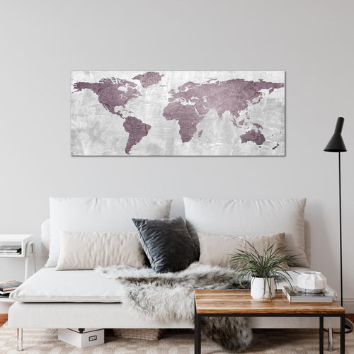 Runa Art Wandbild Weltkarte 1 Teilig 100 x 40 cm Modern Bild auf Vlies Leinwand Kontinente Beton Büro Wohnzimmer Rosa 104312a