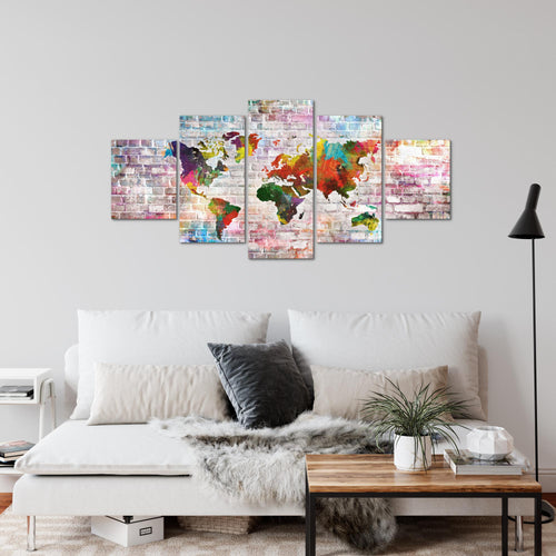Runa Art Wandbilder Weltkarte 3D Effekt 5 Teilig Bild auf Vlies Leinwand Deko Büro Wohnzimmer Ziegel Farbenfroh Bunt 106952a