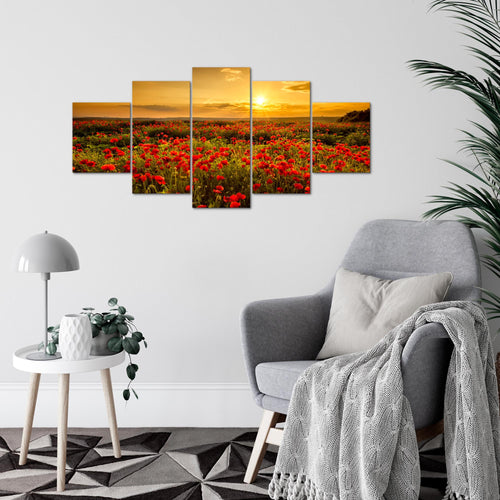 Runa Art Wandbilder Mohnblumen 5 Teilig Bild auf Vlies Leinwand Deko Wohnzimmer Schlafzimmer Blumenwiese Sonnenutergang Rot 043952a