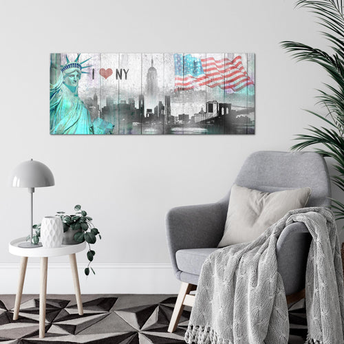 Runa Art Wandbild New York City 1 Teilig 100 x 40 cm Modern Bild auf Vlies Leinwand Städte Wohnzimmer Büro Grau Türkis 034212a