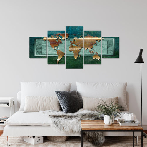 Runa Art Wandbilder Weltkarte 5 Teilig Bild auf Vlies Leinwand Deko Büro Wohnzimmer Landkarte metall Grün 106752b