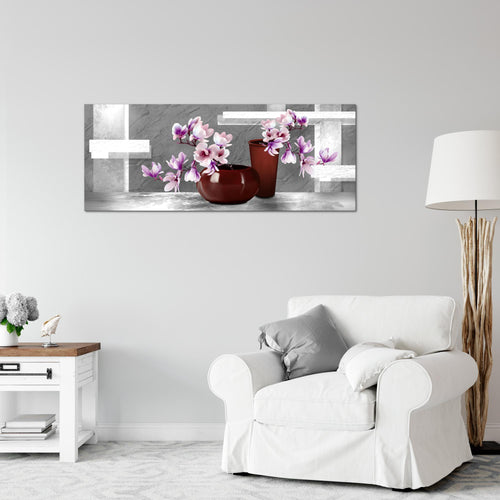 Runa Art Wandbild Blumen Abstrakt 1 Teilig 100 x 40 cm Modern Bild auf Vlies Leinwand Blumenvase Wohnzimmer Grau Rosa 035212c