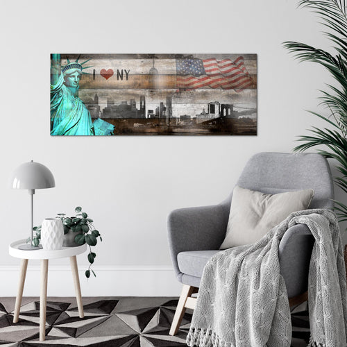 Runa Art Wandbild New York City 1 Teilig 100 x 40 cm Modern Bild auf Vlies Leinwand Freiheitsstatue Wohnzimmer Büro Türkis Braun 034212c