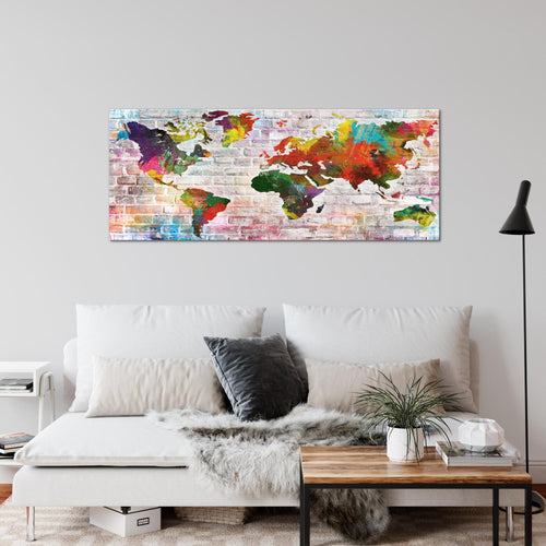 Runa Art Wandbild Weltkarte 1 Teilig 100 x 40 cm Modern Bild auf Vlies Leinwand Steinoptik Ziegel Büro Wohnzimmer Bunt 106912a