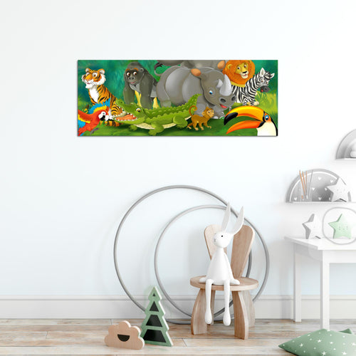 Runa Art Wandbild Tiere Dschungel 1 Teilig 100 x 40 cm Modern Bild auf Vlies Leinwand Kinderzimmer Spielzimmer Baby Bunt 001812a