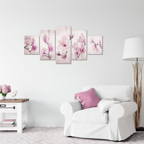 Runa Art Wandbilder Blumen Magnolien 5 Teilig Bild auf Vlies Leinwand Deko Wohnzimmer Abstrakt Grau Rosa 007752b