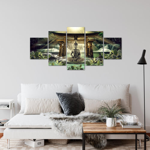Runa Art Wandbilder Feng Shui Buddha 5 Teilig Bild auf Vlies Leinwand Deko Wohnzimmer Schlafzimmer Spa Grün Braun 036452a