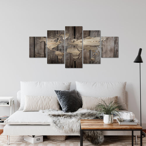Runa Art Wandbilder Weltkarte 5 Teilig Bild auf Vlies Leinwand Deko Büro Wohnzimmer Holzoptik Beige Braun 035052b