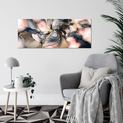 Runa Art Wandbild Abstrakt 100 x 40 cm Modern Bild auf Vlies Leinwand Pastel Wohnzimmer Schlafzimmer blau rosa Gold 043812a