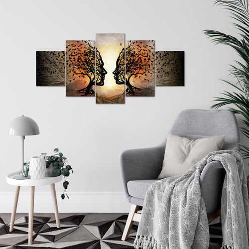 Runa Art Wandbilder Liebe Paar 5 Teilig Bild auf Vlies Leinwand Deko Wohnzimmer Schlafzimmer Bäume Schwarz Orange 041252a