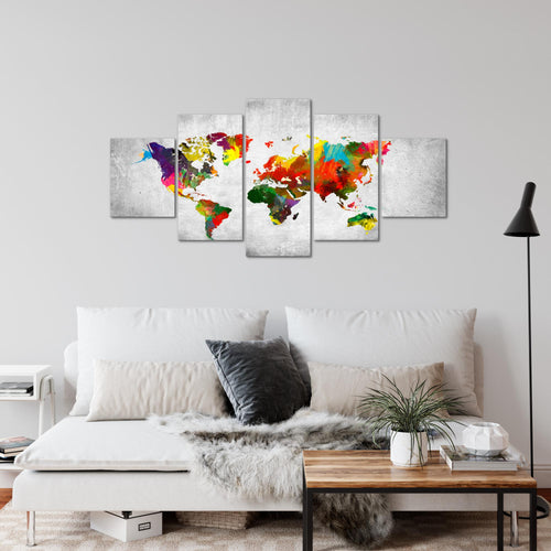 Runa Art Wandbilder Weltkarte 5 Teilig Bild auf Vlies Leinwand Deko Büro Wohnzimmer Landkarte Beton Bunt 105152c