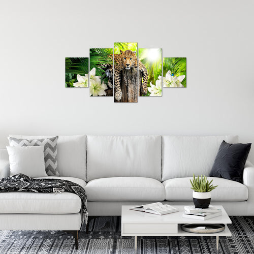 Runa Art Wandbilder Afrika Leopard 5 Teilig Bild auf Vlies Leinwand Deko Wohnzimmer Schlafzimmer Natur Savanne Grün 006752a