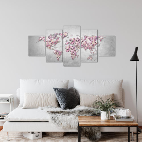 Runa Art Wandbilder Weltkarte Blumen 5 Teilig Bild auf Vlies Leinwand Deko Wohnzimmer Kontinente Rosa Grau 023252a