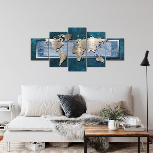 Runa Art Wandbilder Weltkarte 5 Teilig Bild auf Vlies Leinwand Deko Büro Wohnzimmer Kontinente Metall Blau 106752c
