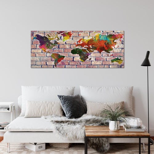 Runa Art Wandbild Weltkarte 1 Teilig 100 x 40 cm Modern Bild auf Vlies Leinwand Ziegelwand Büro Wohnzimmer Rot Bunt 106912c