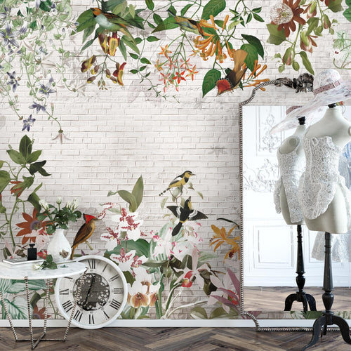 Novart Fototapeten 396 x 280 cm Blumen Vögel - Vlies Wanddekoration Wohnzimmer Schlafzimmer - Deutsche Manufaktur - Blätter Pflanze N9125012a