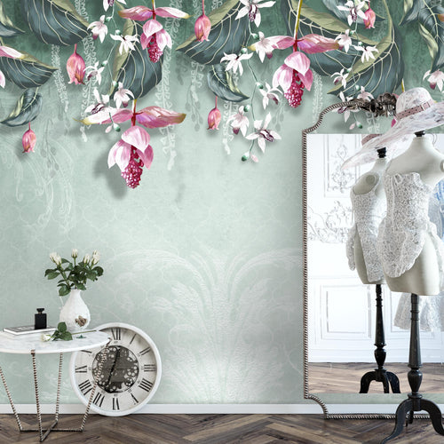 Novart Fototapeten 396 x 280 cm Blumen Blätter - Vlies Wanddekoration Wohnzimmer Schlafzimmer - Deutsche Manufaktur - grün N9122012b
