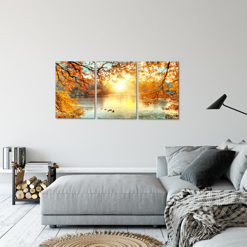 Runa Art Wandbilder Sonniger Wald Bild XXL Wohnzimmer Schlafzimmer Orange Gelb Wald Natur 120 x 80 cm 3 Teilig 050031a