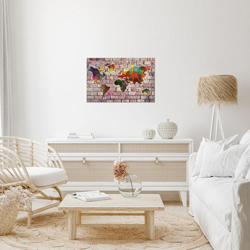 Runa Art Bild Weltkarte Modern Wandbilder Wohnzimmer Büro 1 Teilig - Made In Germany - Ziegelwand Rot Bunt Flur 106915c