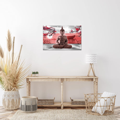 Runa Art Bild Buddha Feng Shui Modern Wandbilder Wohnzimmer Schlafzimmer 1 Teilig - Made In Germany - Sakura Grau Rot Flur 504915a