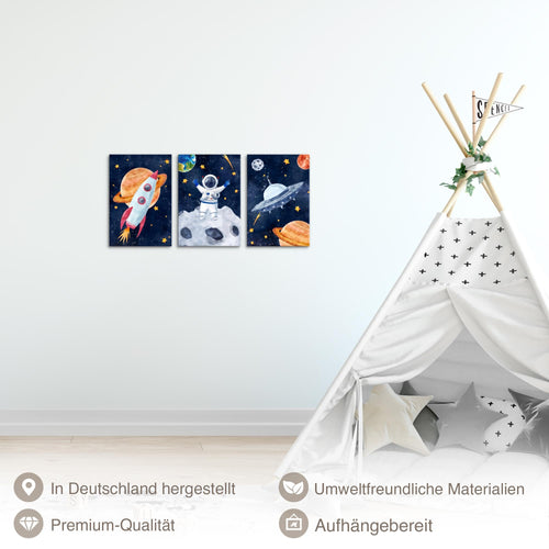 Novart Quadros In tutto il mondo Razzo - Completamente Pronto Da Appendere - Camera dei bambini Decorazione Elegante - Set 3 Pezzi Blu Colorati - N030030a